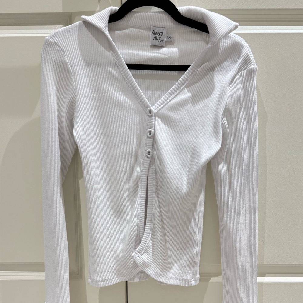 PRINCESS POLLY White Ribbed Button-Up Top